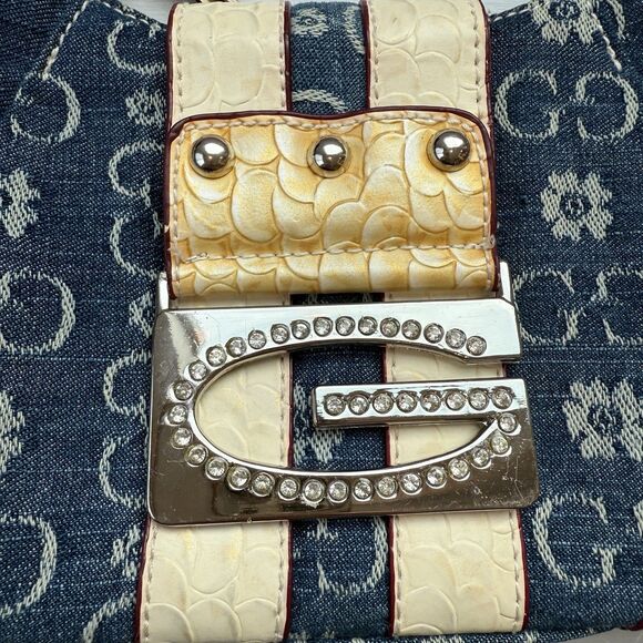 Y2K Gussaci Denim Monogram Faux Croc Leather Baguette Bag Purse Bling Big Buckle - Picture 2 of 13